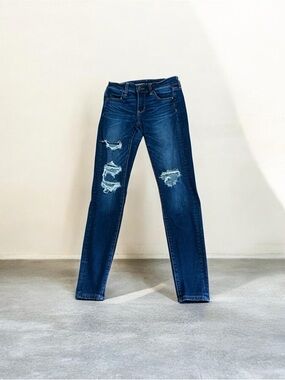American Eagle Next Level Stretch Navy Blue Ripped Jeggings Size 4 Long